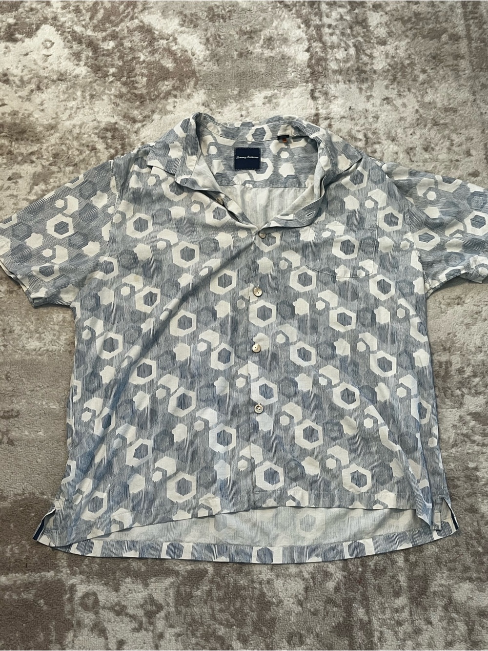 Tommy Bahama Mens 3XL 100% Silk Short Sleeve Geometric Camp Shirt Blue White